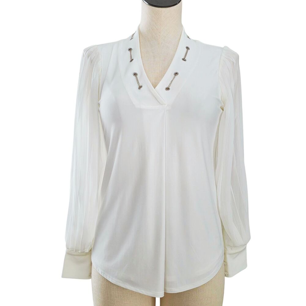 White House Black Market XSP Cream Chain Neck Lined Blouse Pleated Sleeve NWT